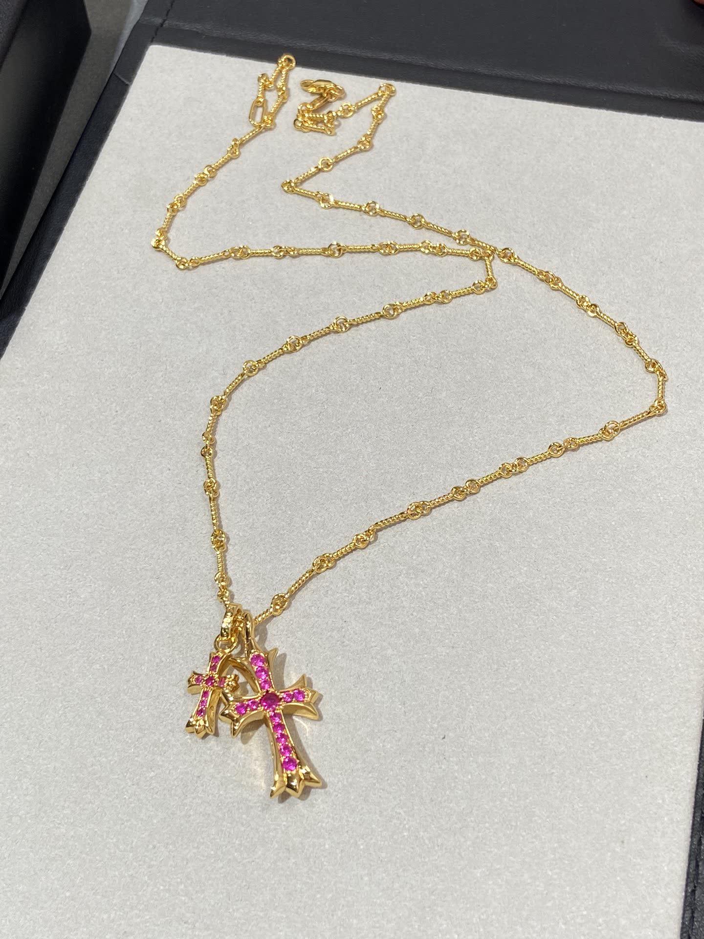 Chrome Hearts Gold Cross Pendant Necklace with Pink Stones